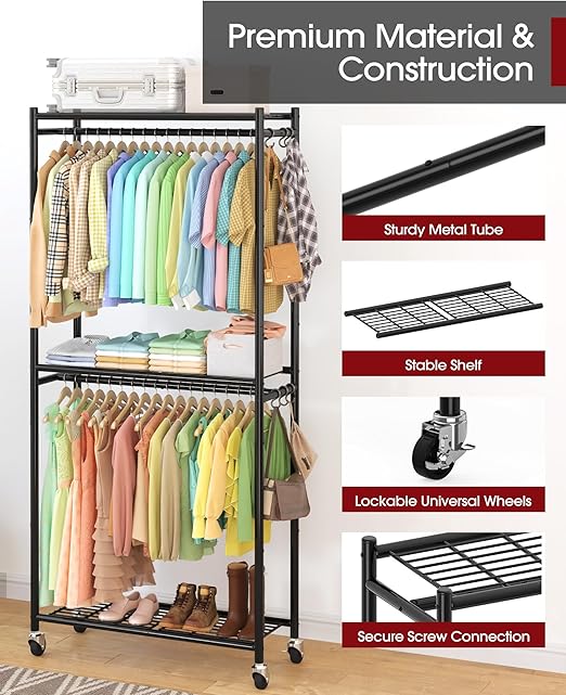 Heavy-Duty Clothes Rack - 33.0" x 12.2" x 74.2" Clothing Rack with Shelves & Wheels, Multi-Functional Wardrobe Closet with Hooks, Sturdy Metal Garment Rack for Bedroom, Laundry, Balcony