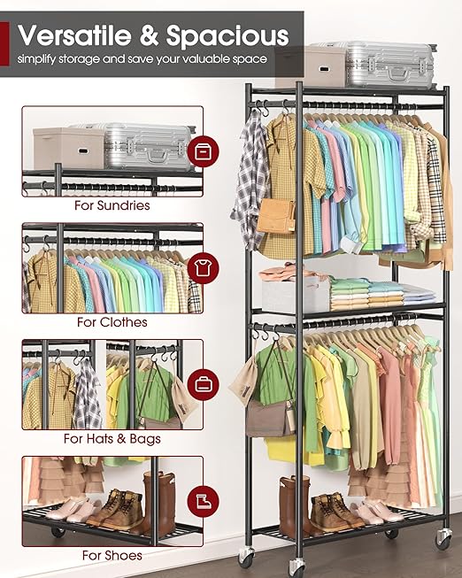 Heavy-Duty Clothes Rack - 33.0" x 12.2" x 74.2" Clothing Rack with Shelves & Wheels, Multi-Functional Wardrobe Closet with Hooks, Sturdy Metal Garment Rack for Bedroom, Laundry, Balcony