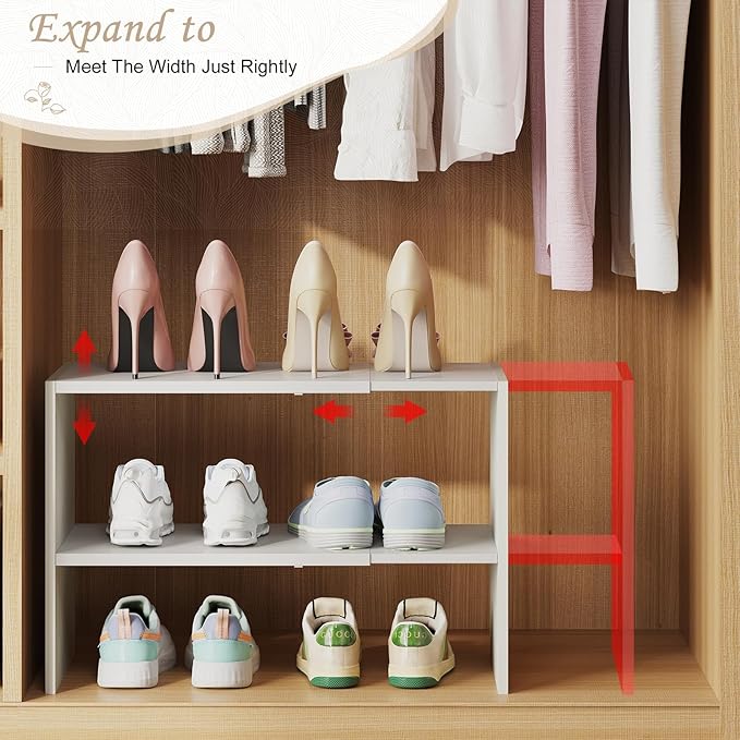 2-Tier Closet Shoe Rack Storage Rack, Expandable and Adjustable White Shoe Rack, Stackable Iron and Wood Combination Shoe Rack for Closets, Entryways, Small Spaces, Hallways, Garages