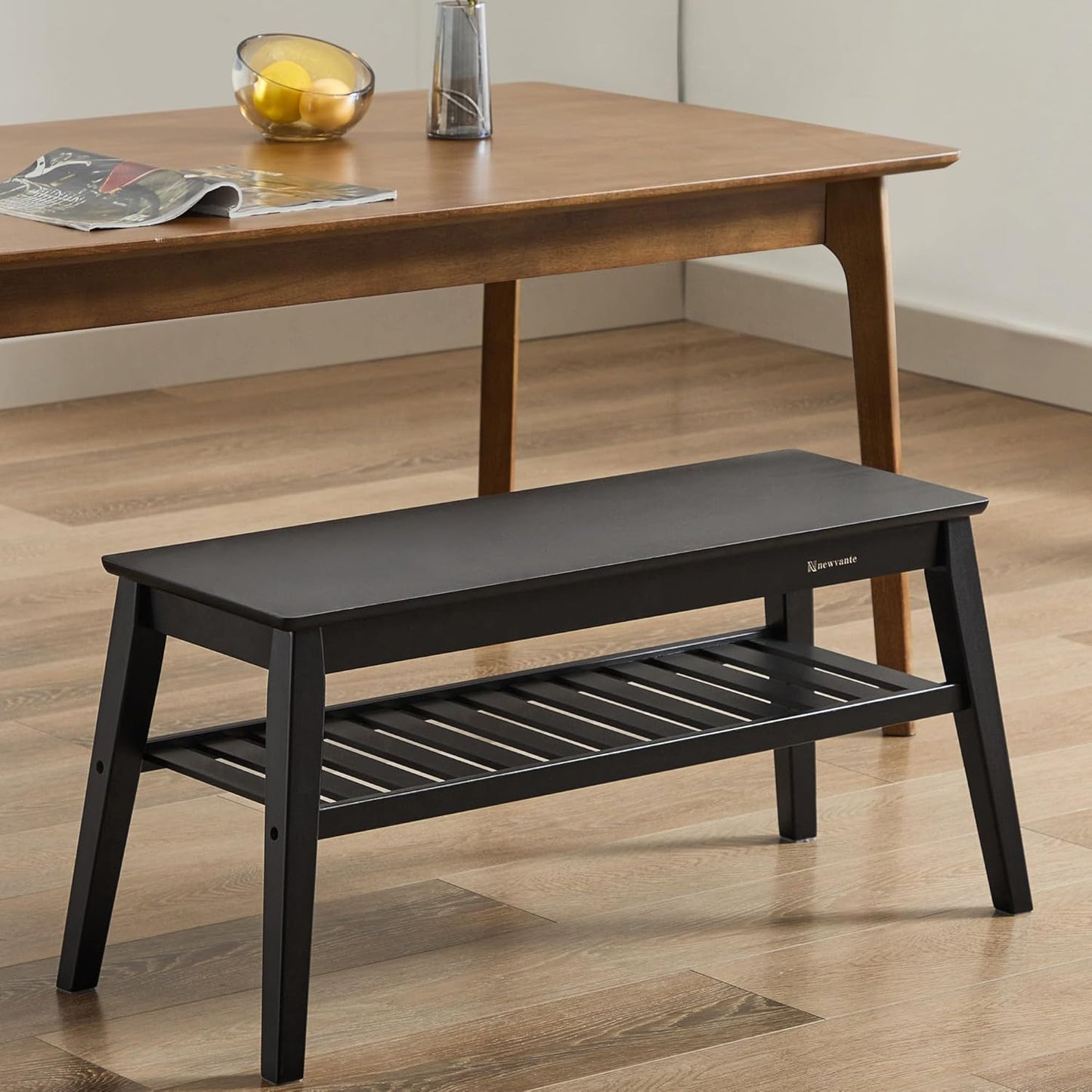 Bamboo Entryway Bench, 33.46" End of Bed Bench, 2 Tier Black Bench for Bedroom, Indoor Bench for Living Room, Dining Room, Hallway, Holds up to 300lbs