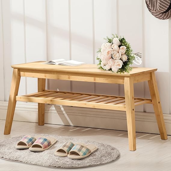 Bamboo Entryway Bench, 33.46" End of Bed Bench, 2 Tier Black Bench for Bedroom, Indoor Bench for Living Room, Dining Room, Hallway, Holds up to 300lbs