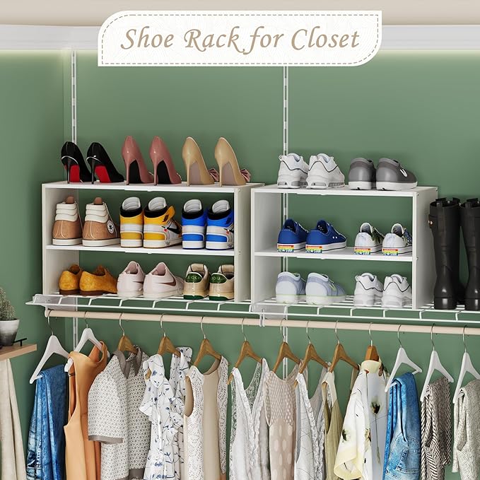 2-Tier Closet Shoe Rack Storage Rack, Expandable and Adjustable White Shoe Rack, Stackable Iron and Wood Combination Shoe Rack for Closets, Entryways, Small Spaces, Hallways, Garages