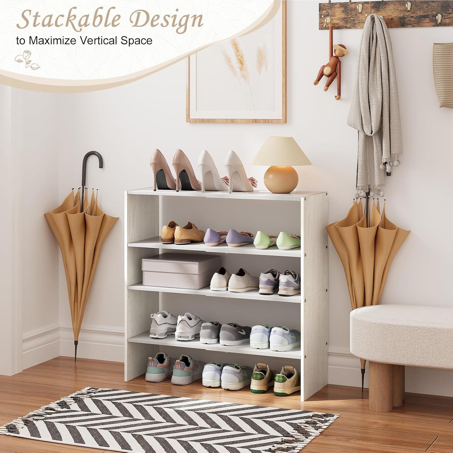 2-Tier Closet Shoe Rack Storage Rack, Expandable and Adjustable White Shoe Rack, Stackable Iron and Wood Combination Shoe Rack for Closets, Entryways, Small Spaces, Hallways, Garages
