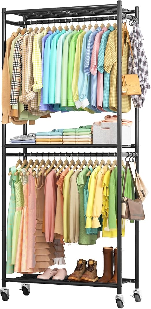 Heavy-Duty Clothes Rack - 33.0" x 12.2" x 74.2" Clothing Rack with Shelves & Wheels, Multi-Functional Wardrobe Closet with Hooks, Sturdy Metal Garment Rack for Bedroom, Laundry, Balcony