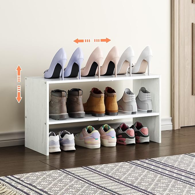 2-Tier Closet Shoe Rack Storage Rack, Expandable and Adjustable White Shoe Rack, Stackable Iron and Wood Combination Shoe Rack for Closets, Entryways, Small Spaces, Hallways, Garages