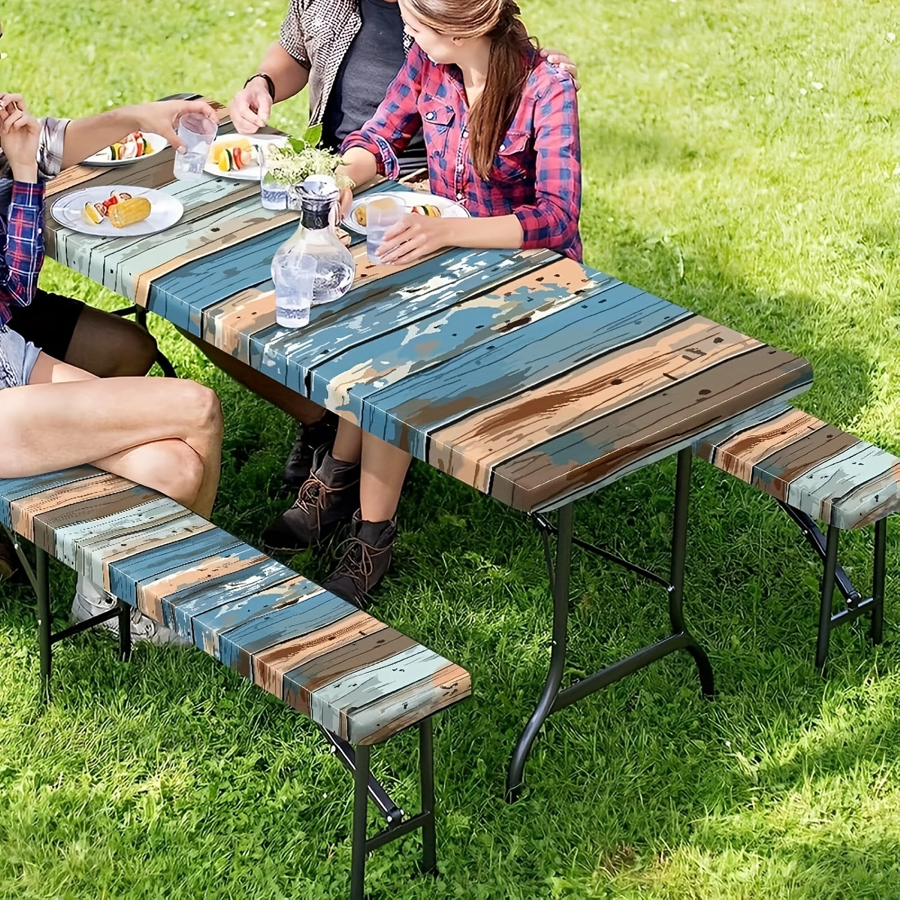 3pcs Blue Brown Picnic Table and Chair Set - Polyester Tablecloth, Suitable for Camping, Dining, Outdoors, Parks, and Courtyards