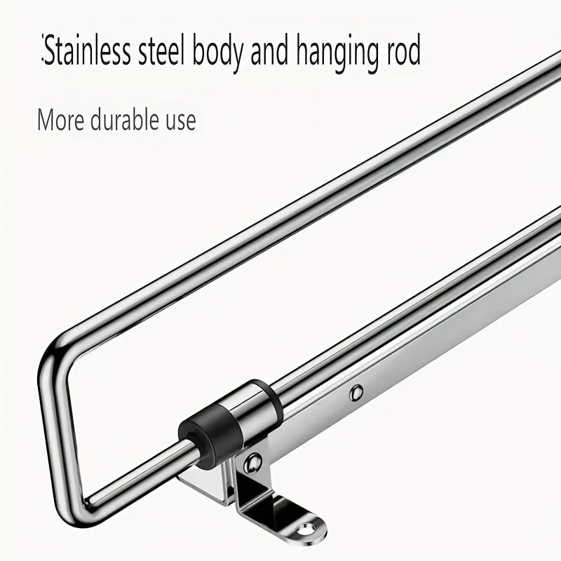 Stainless Steel Retractable Wall Hanger Storage Rack, Space Saving Multi-Hook Design, Durable Metal Construction, Black Plastic End Caps, with Hangers and Drying Racks, for Various Room Types, Wardrobes and Closets