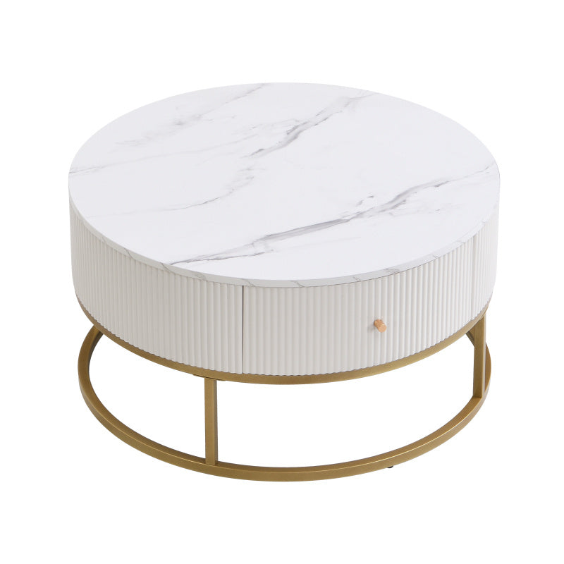 31.5 Inch Modern Round Coffee Table with Drawers Faux MarbleTable with Storage Coffee Table for Living Room