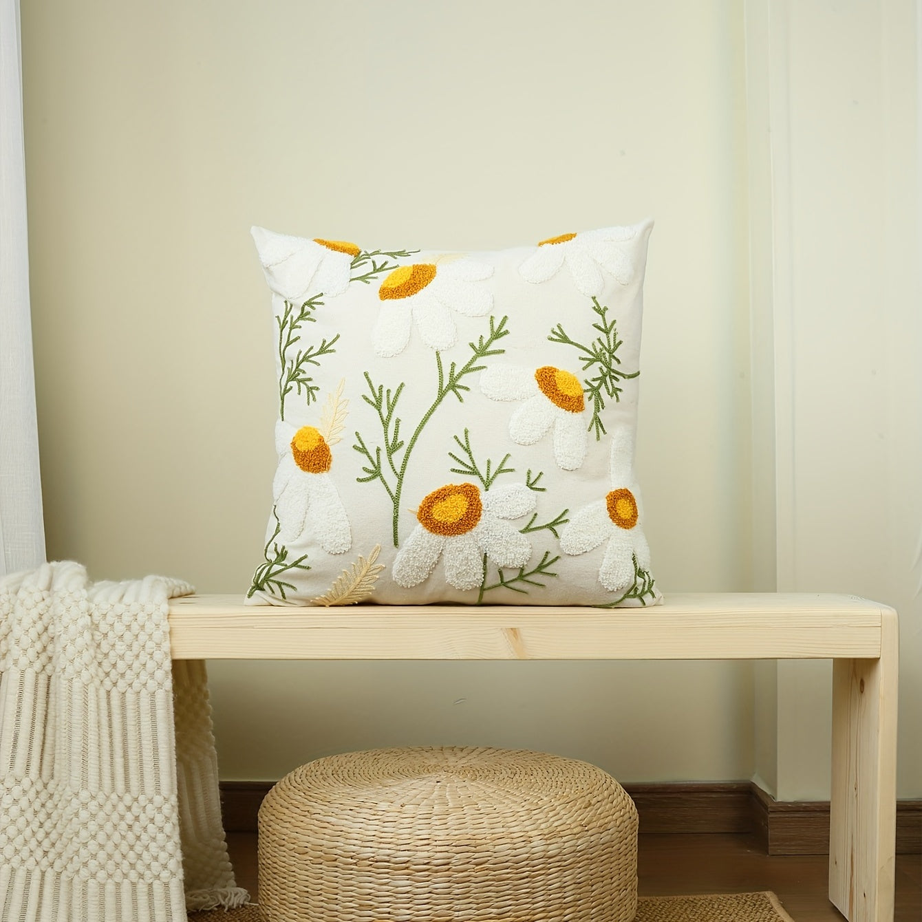 1pc Boho Floral Tufted Pillow Cover - Embroidered Cotton for Couch, Sofa, Bed - Botanical Design for Home Decor - Includes Pillow Insert