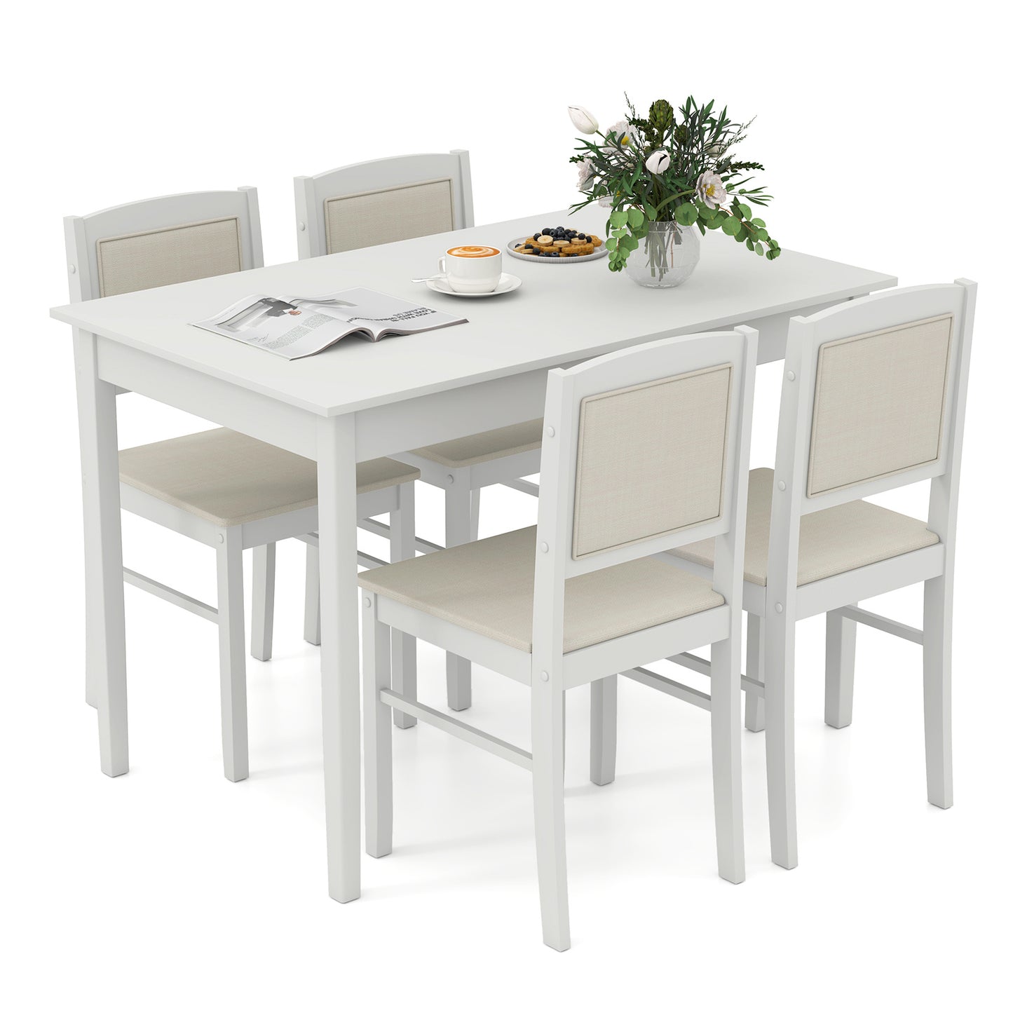 COSTWAY 5pcs Dining Table Set for 4 w\u002FRubber Wood Legs Upholstered Seat Padded Backrest