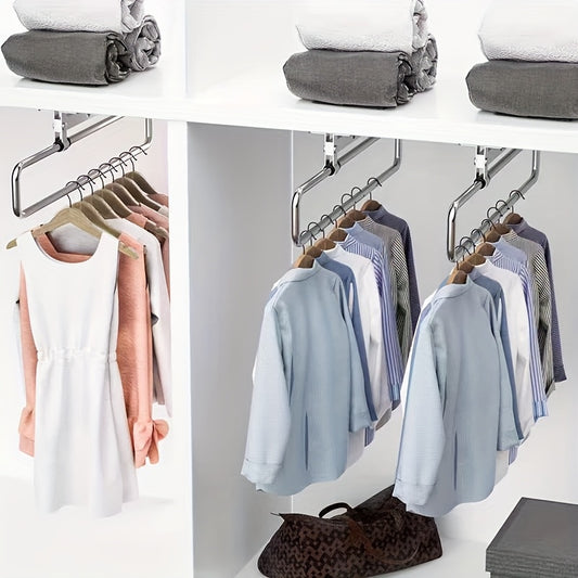 Stainless Steel Retractable Wall Hanger Storage Rack, Space Saving Multi-Hook Design, Durable Metal Construction, Black Plastic End Caps, with Hangers and Drying Racks, for Various Room Types, Wardrobes and Closets