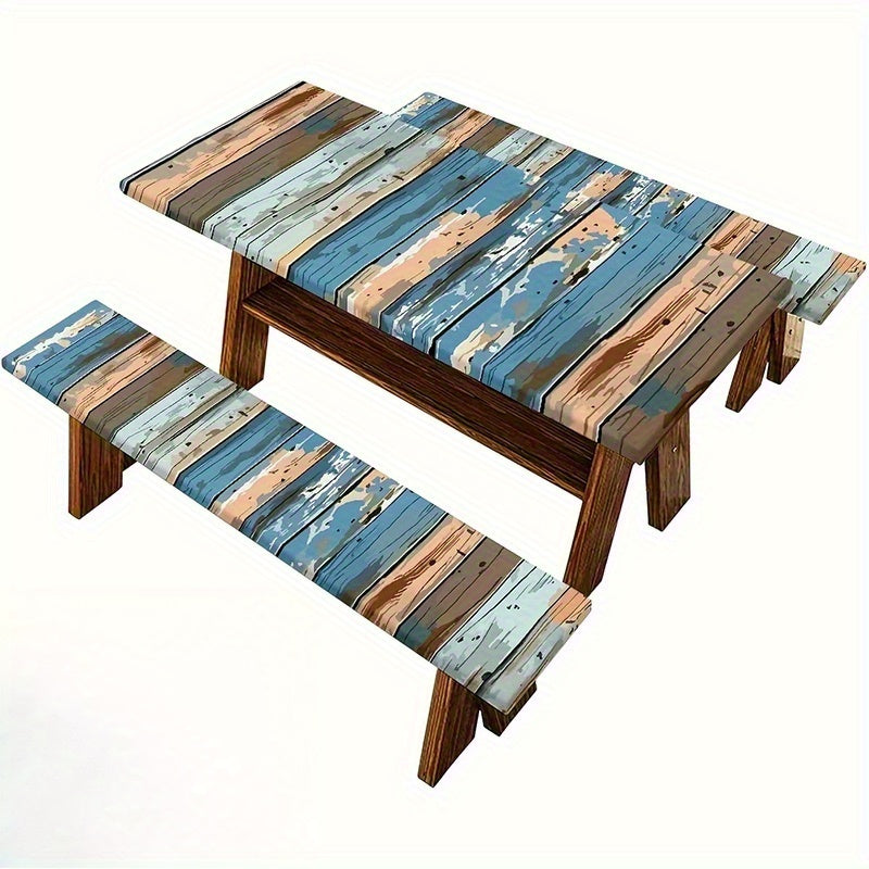 3pcs Blue Brown Picnic Table and Chair Set - Polyester Tablecloth, Suitable for Camping, Dining, Outdoors, Parks, and Courtyards