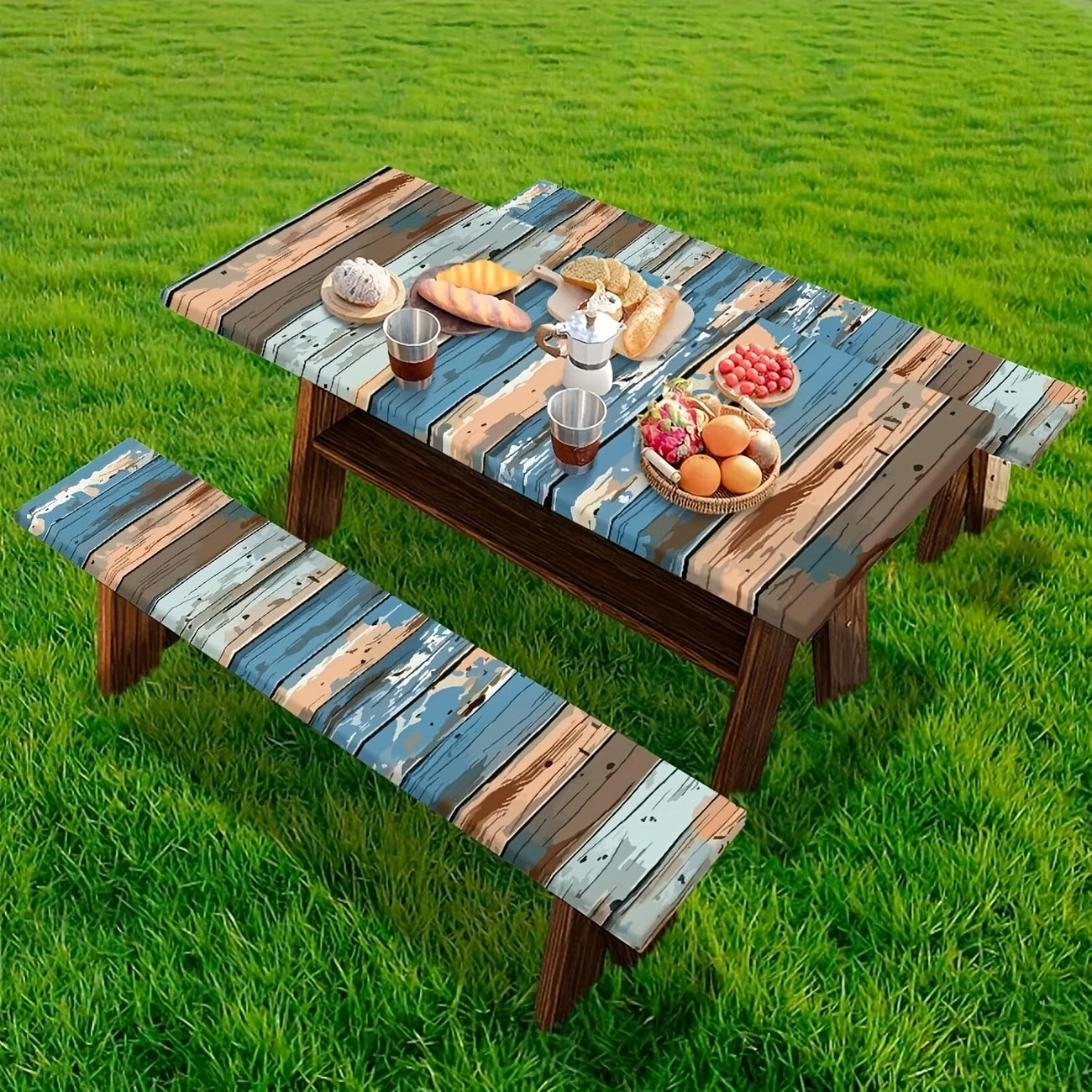 3pcs Blue Brown Picnic Table and Chair Set - Polyester Tablecloth, Suitable for Camping, Dining, Outdoors, Parks, and Courtyards