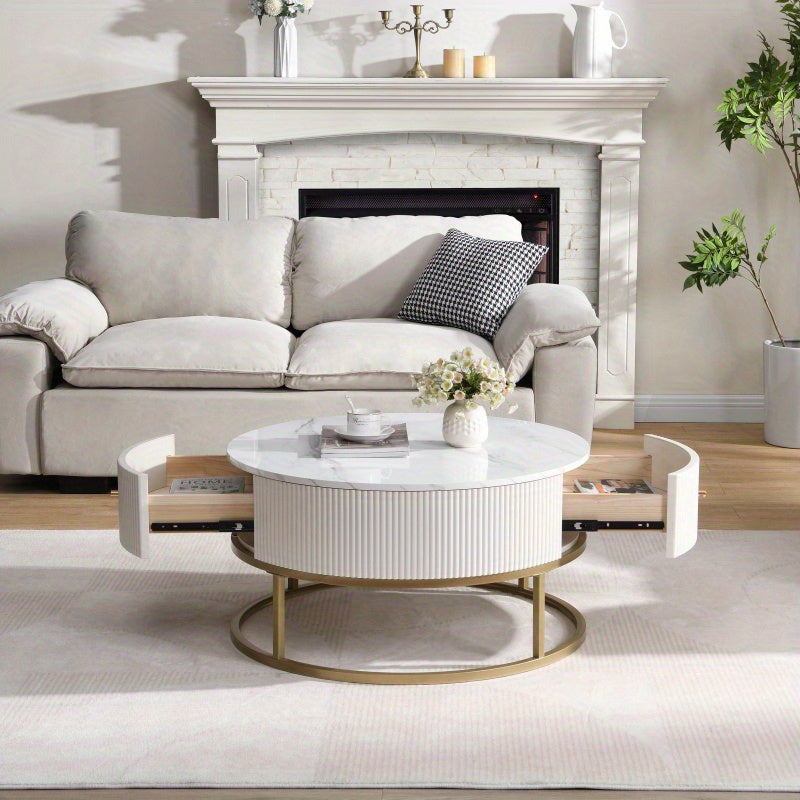 31.5 Inch Modern Round Coffee Table with Drawers Faux MarbleTable with Storage Coffee Table for Living Room