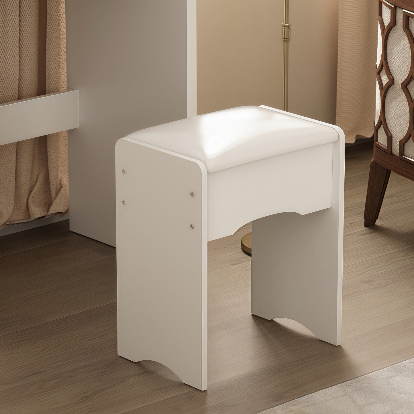 White Vanity Stool with PU Leather Cushion – Minimalist Folding Makeup Stool, Pure White Upholstery Seat for Bedroom, Dressing Table, or Entryway – Portable Ottoman Bench Chair