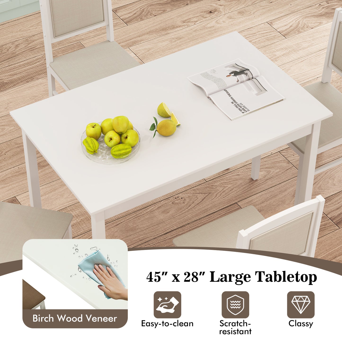 COSTWAY 5pcs Dining Table Set for 4 w\u002FRubber Wood Legs Upholstered Seat Padded Backrest