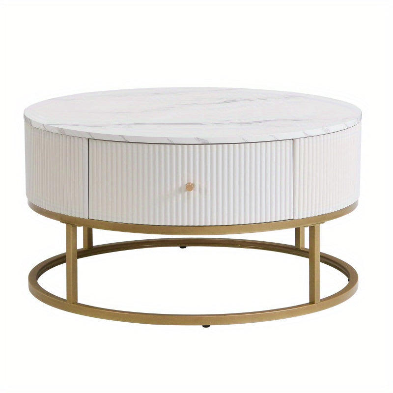 31.5 Inch Modern Round Coffee Table with Drawers Faux MarbleTable with Storage Coffee Table for Living Room