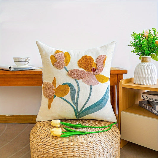 Contemporary Embroidered Throw Pillow Covers 17.7" x 17.7" - Floral Pattern, Zippered Cushion Cases, Machine Washable, Polyester, for Couch, Sofa, and Home Décor - 1 Piece