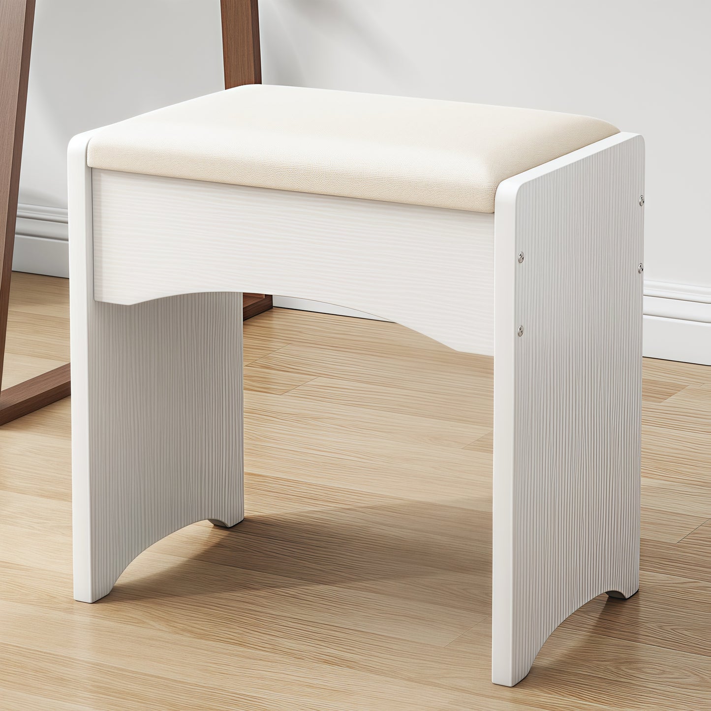 White Vanity Stool with PU Leather Cushion – Minimalist Folding Makeup Stool, Pure White Upholstery Seat for Bedroom, Dressing Table, or Entryway – Portable Ottoman Bench Chair