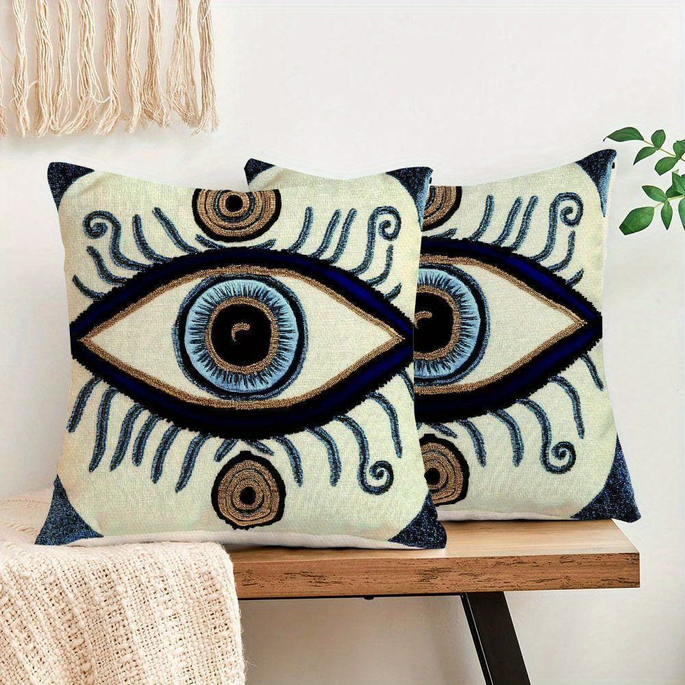 2pcs Evil Eye Pillow Covers 2pcs Blue and White Evil Eye Throw Pillow Covers, 18x18 Inches, Machine Washable Polyester, Zipper Closure, Contemporary Style, Decorative Cushion Covers for Home Decor