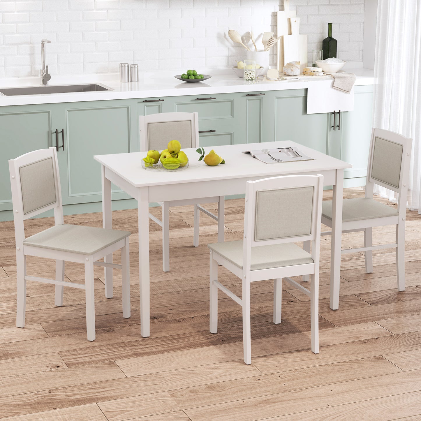 COSTWAY 5pcs Dining Table Set for 4 w\u002FRubber Wood Legs Upholstered Seat Padded Backrest