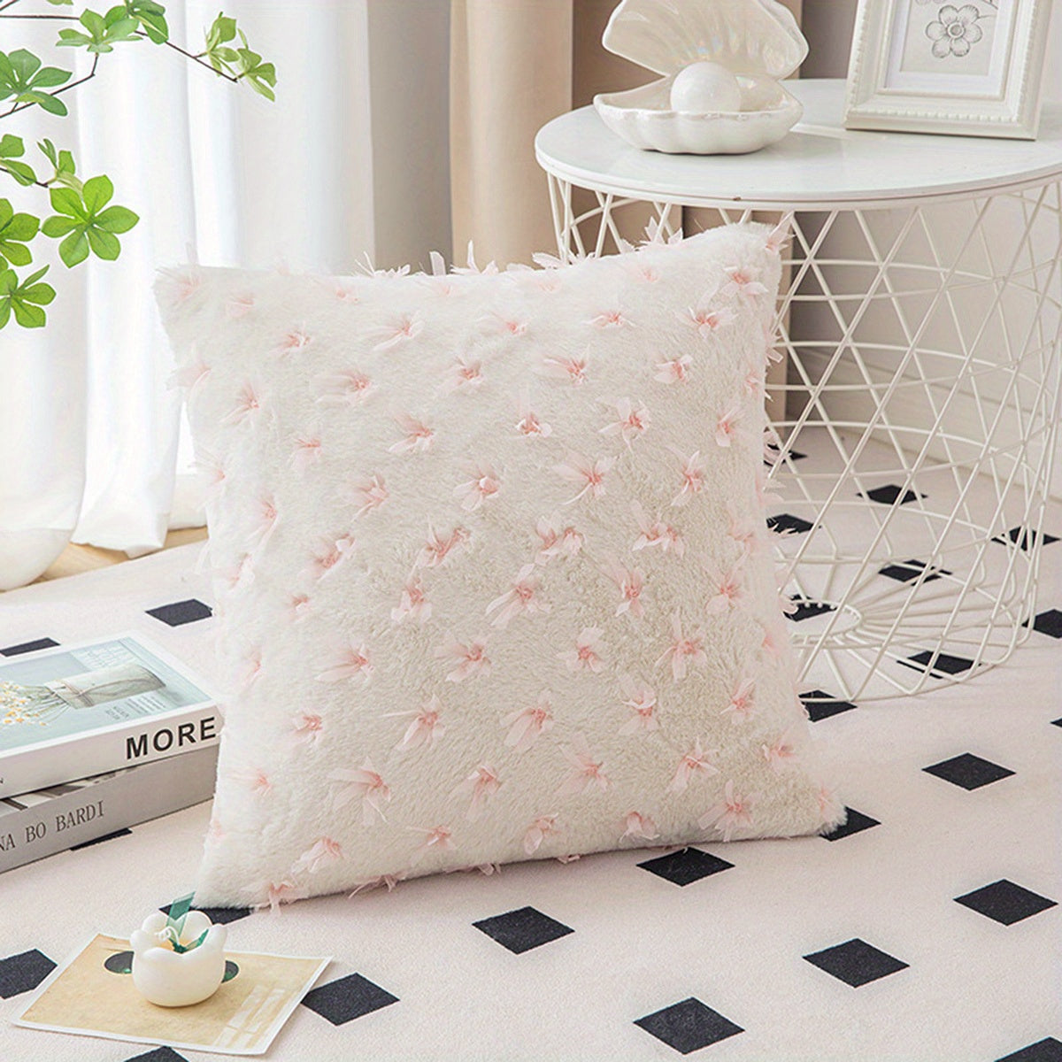Rabbit Down Embroidered Pillow, Imitation Rabbit Fur, Soft Ins, Bay Window Cushion, Sofa, Plush Pillowcase