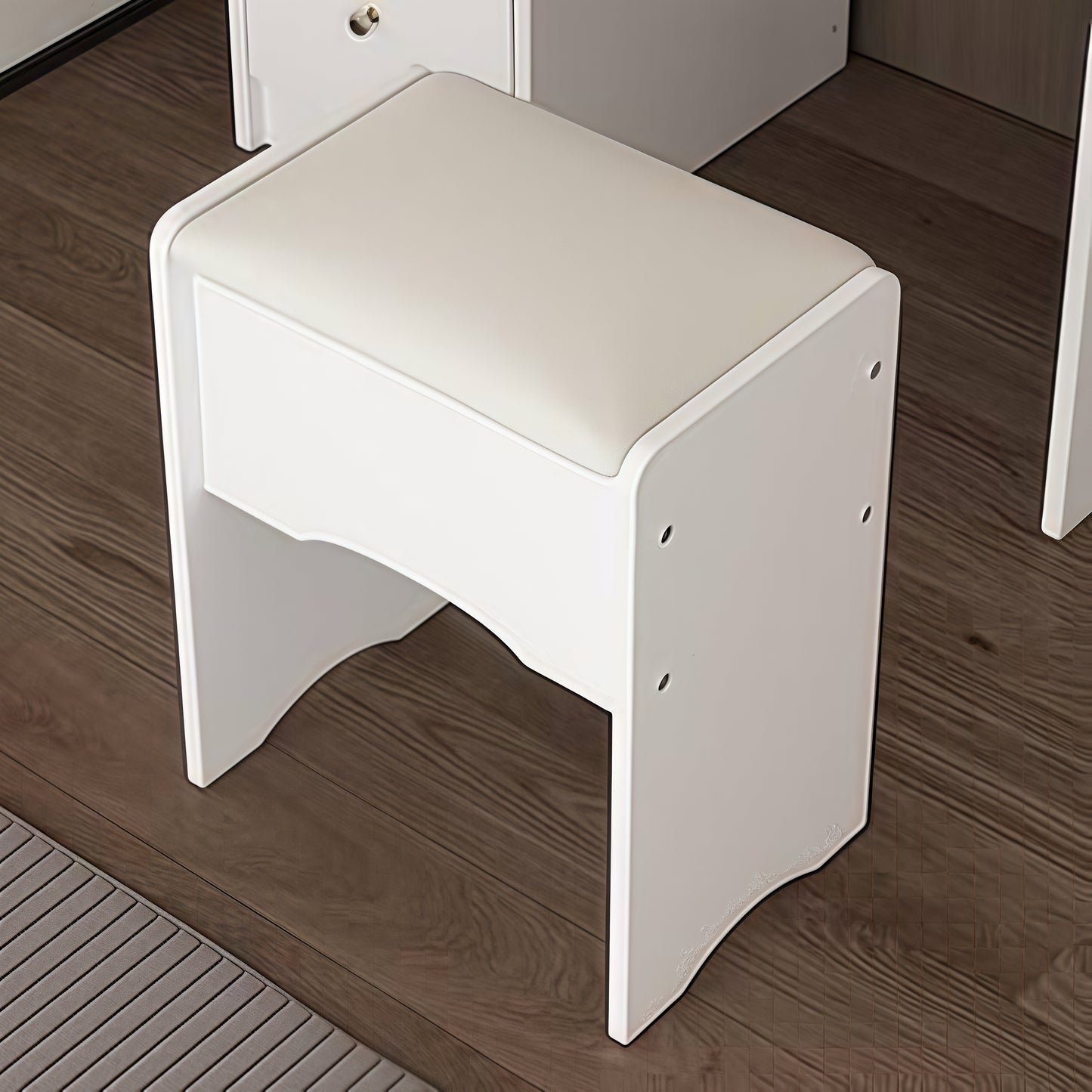 White Vanity Stool with PU Leather Cushion – Minimalist Folding Makeup Stool, Pure White Upholstery Seat for Bedroom, Dressing Table, or Entryway – Portable Ottoman Bench Chair