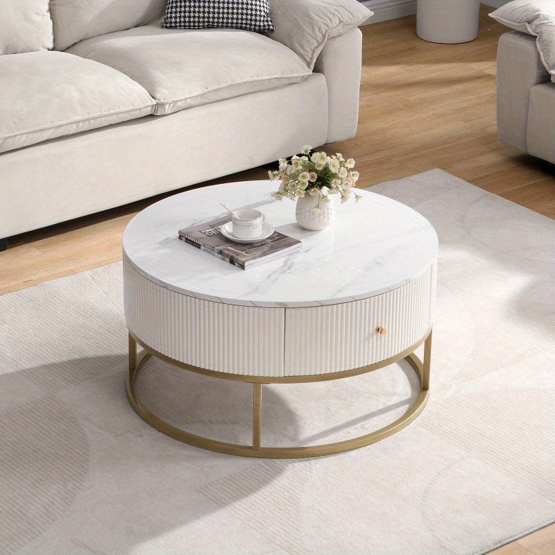 31.5 Inch Modern Round Coffee Table with Drawers Faux MarbleTable with Storage Coffee Table for Living Room