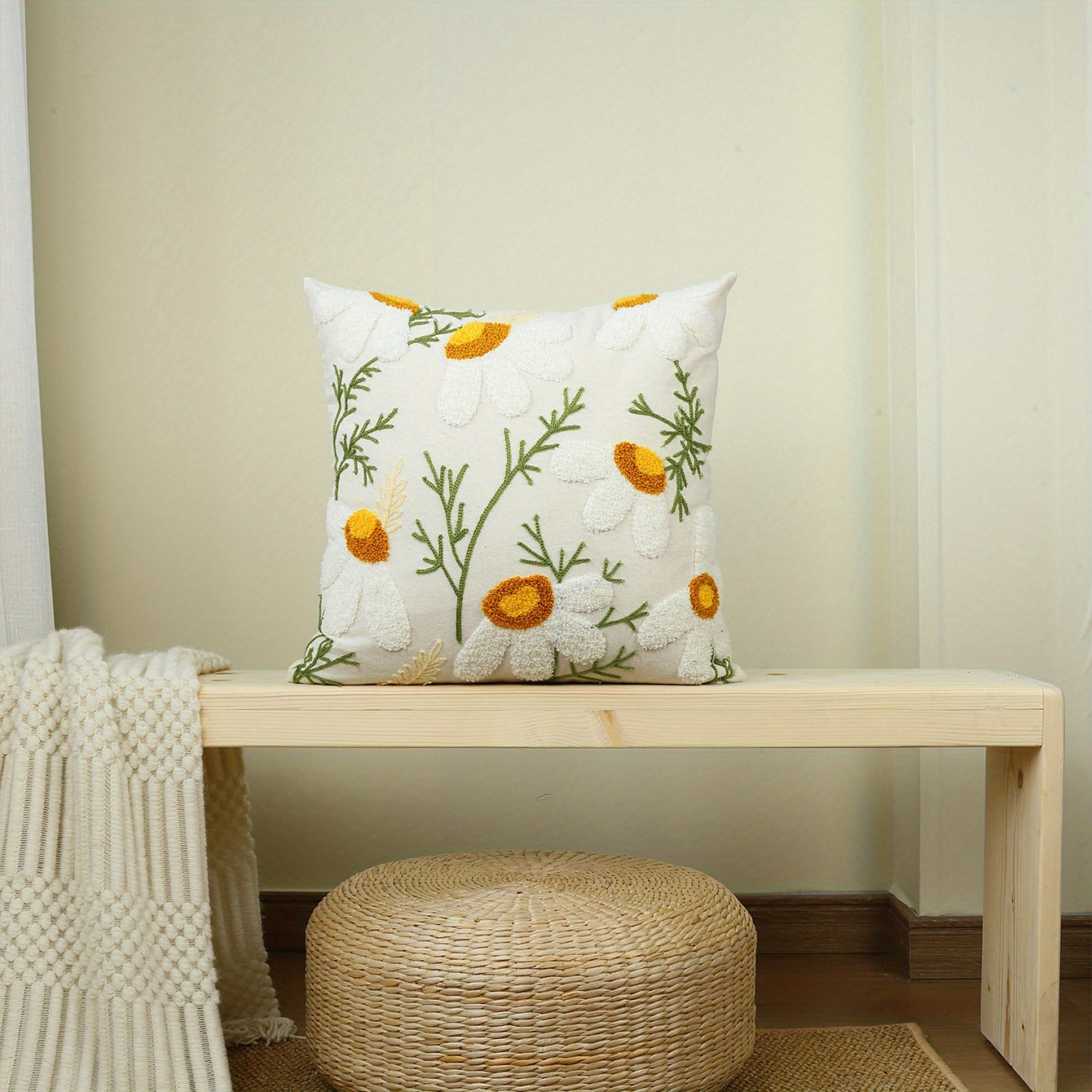 1pc Boho Floral Tufted Pillow Cover - Embroidered Cotton for Couch, Sofa, Bed - Botanical Design for Home Decor - Includes Pillow Insert
